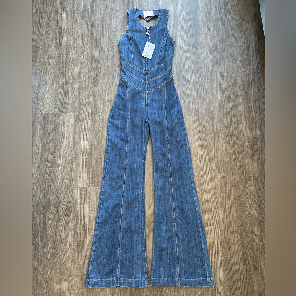 NWT Revice Denim Hollywood Heartthrob Denim Flare Jumpsuit Heart Cutout XS